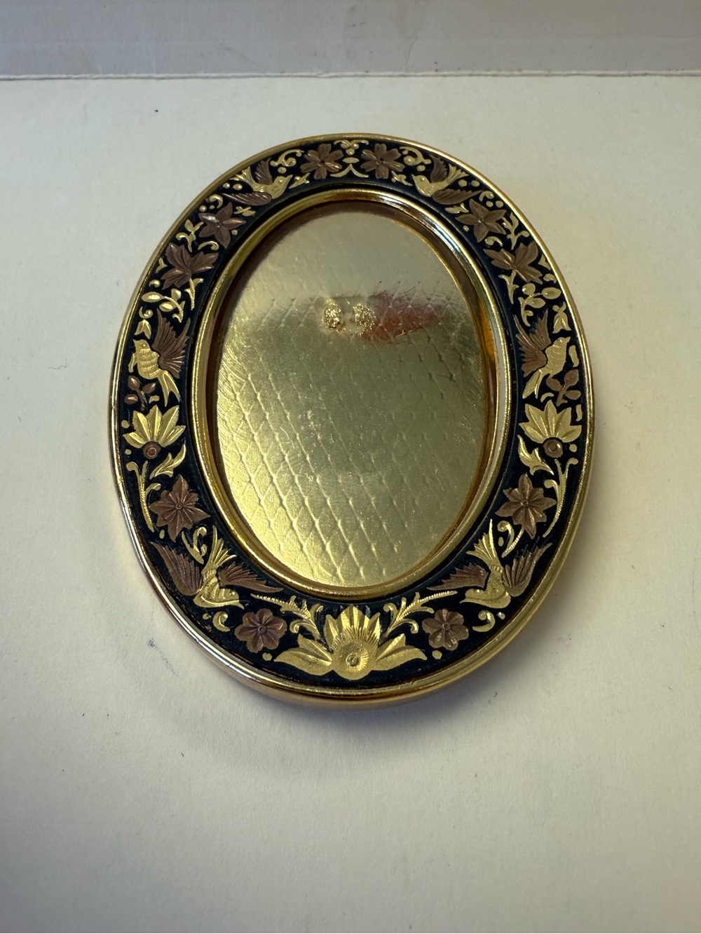 Vintage Mini Black and Gold Damascene Oval Decorative Frame.